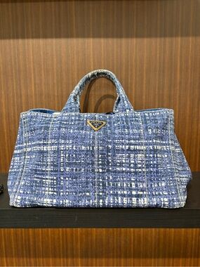 Authentic Prada Blue Printed Large Canvas Tote Bag Gold Hardwar